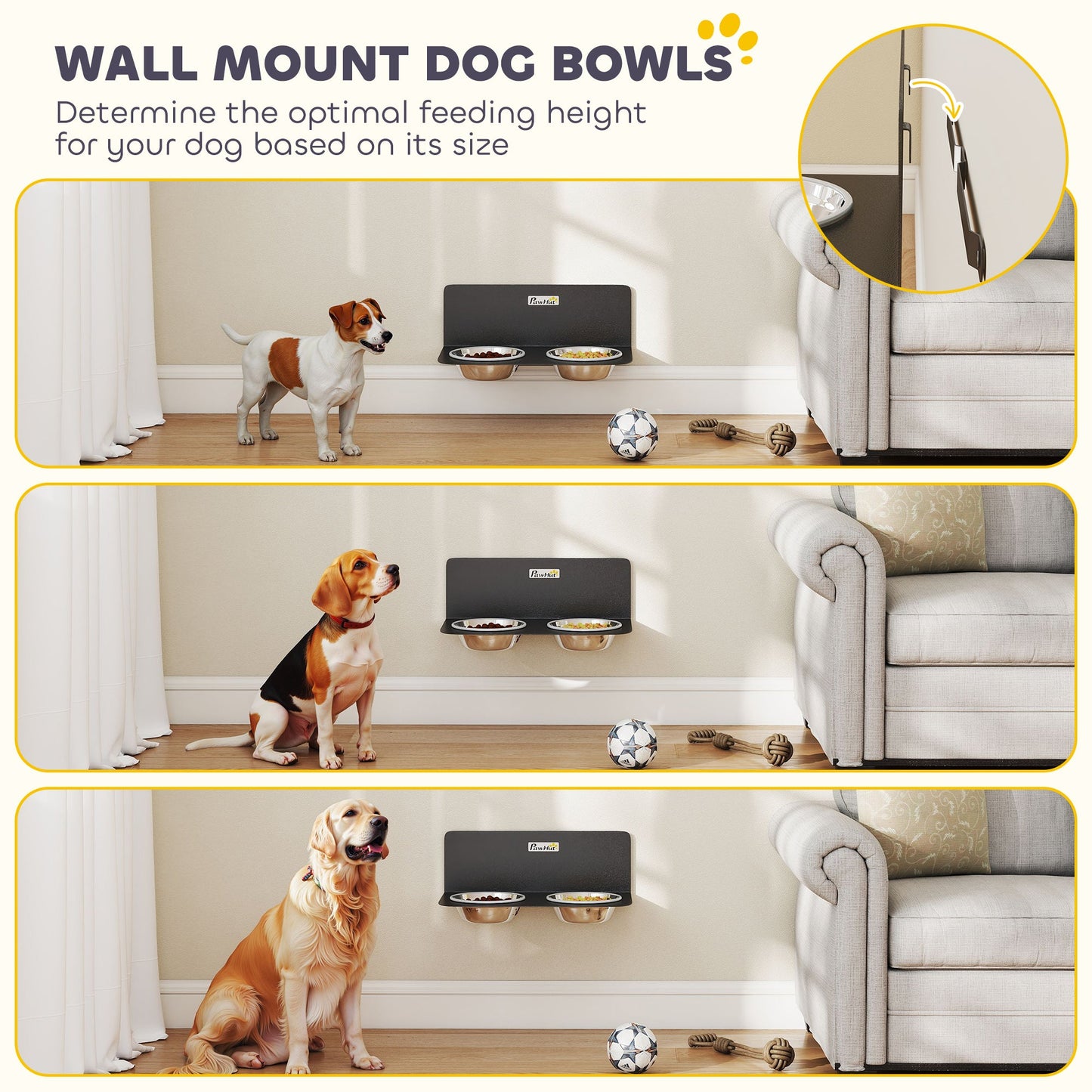 PawHut Wall Mount Dog Bowls, Adjustable Height Raised Dog Feeding Station with 2 Stainless Steel Bowls, 10kg Capacity, Black