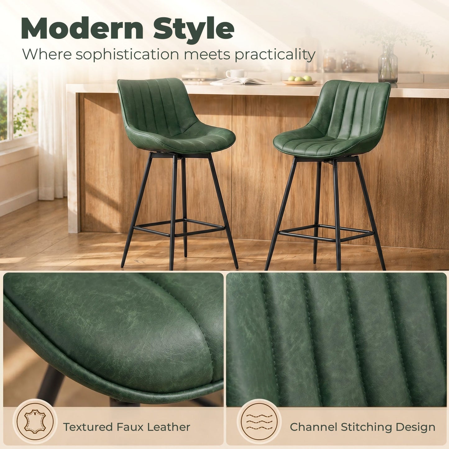 HOMCOM Set of 2 PU Leather Swivel Bar Stools - Dark Green