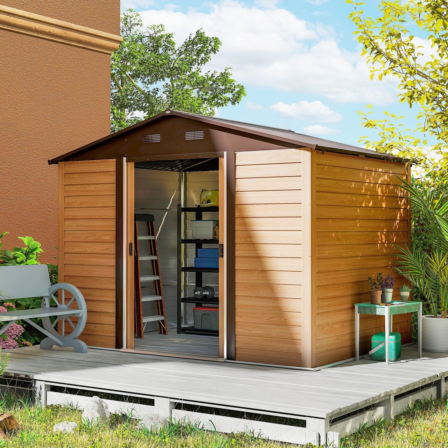 Outsunny 9 x 6ft Galvanised Steel Shed with Double Sliding Doors with 4 Ventilation Slots - Brown Wood-Effect