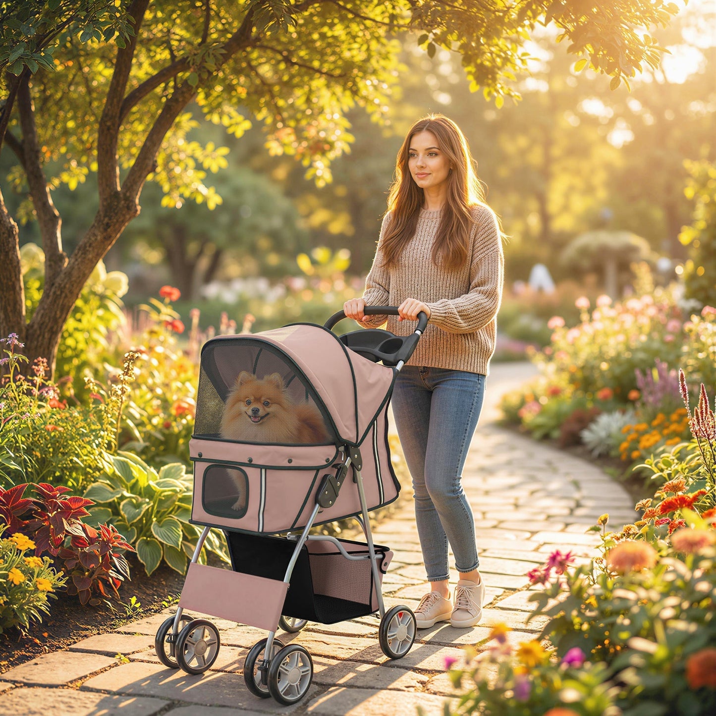 PawHut Dog Pram, Pet Stroller with Reflective Strips, Foldable Cat Stroller with 360 degrees Swivel Wheels, Brown