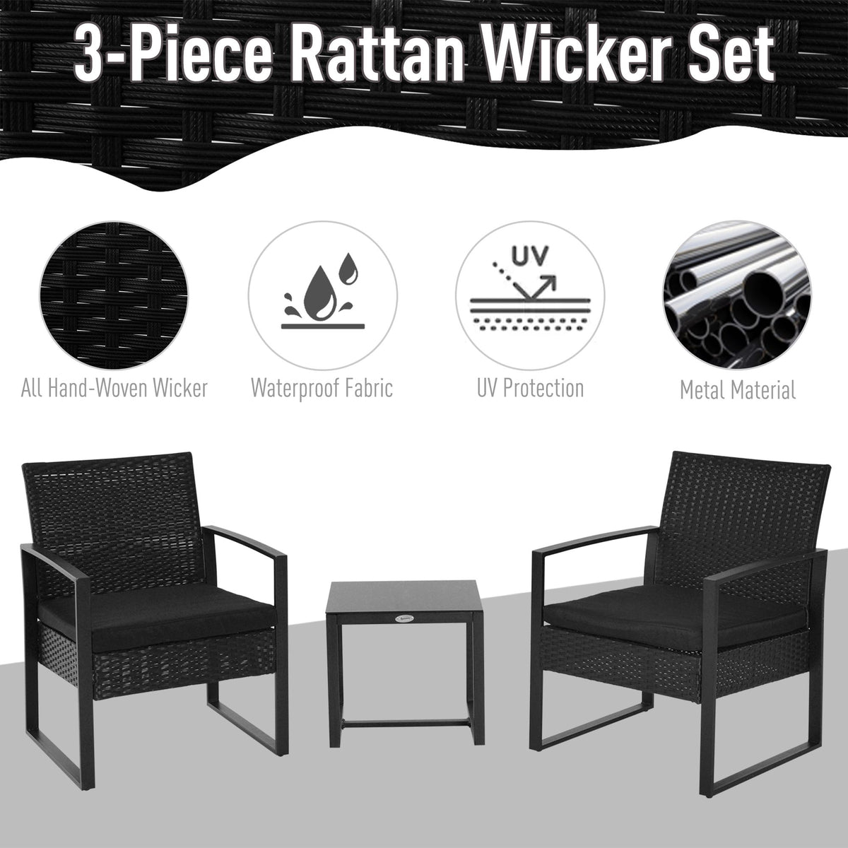 Outsunny 2 Seater Rattan Coffee Set in Black
