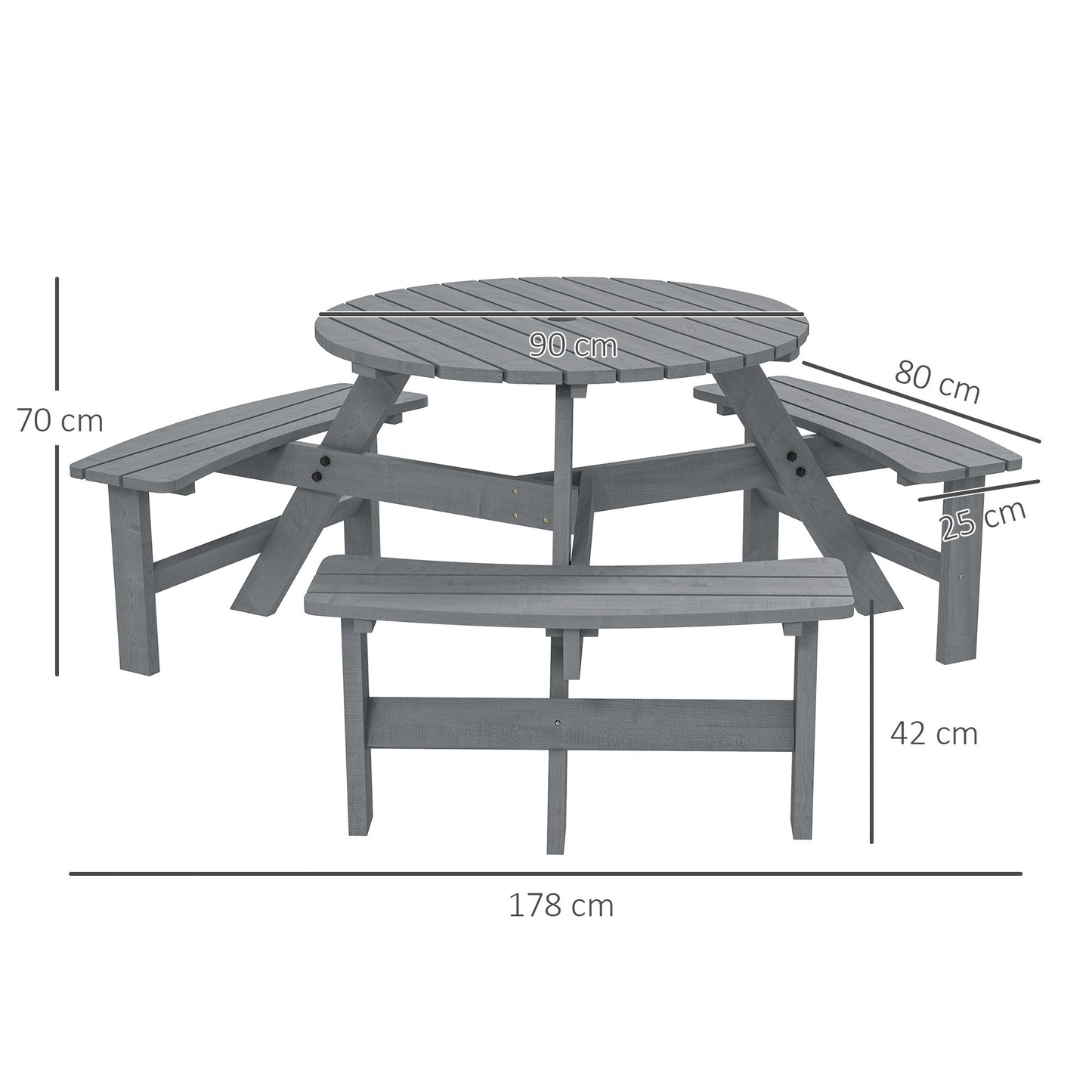 Outsunny Wooden Garden Dining Set, 6 Seater Round Dining Picnic Table with Matching Bench, Garden Furniture Set with Parasol Hole for Outdoor Patio Party and Family Gatherings, Grey