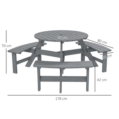 Outsunny Wooden Garden Dining Set, 6 Seater Round Dining Picnic Table with Matching Bench, Garden Furniture Set with Parasol Hole for Outdoor Patio Party and Family Gatherings, Grey