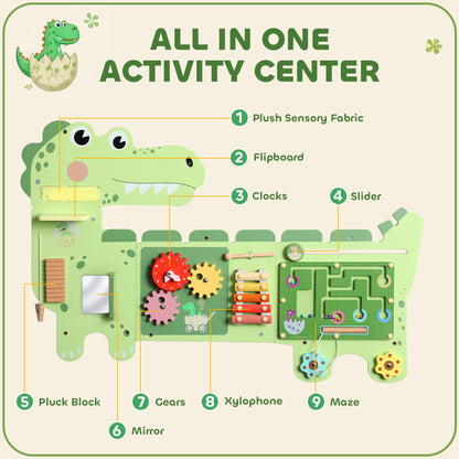 AIYAPLAY Busy Board Panels, Wall Mounted Montessori Inspired Busy Board, Toddler Learning Centre Dinosaur Theme, Green