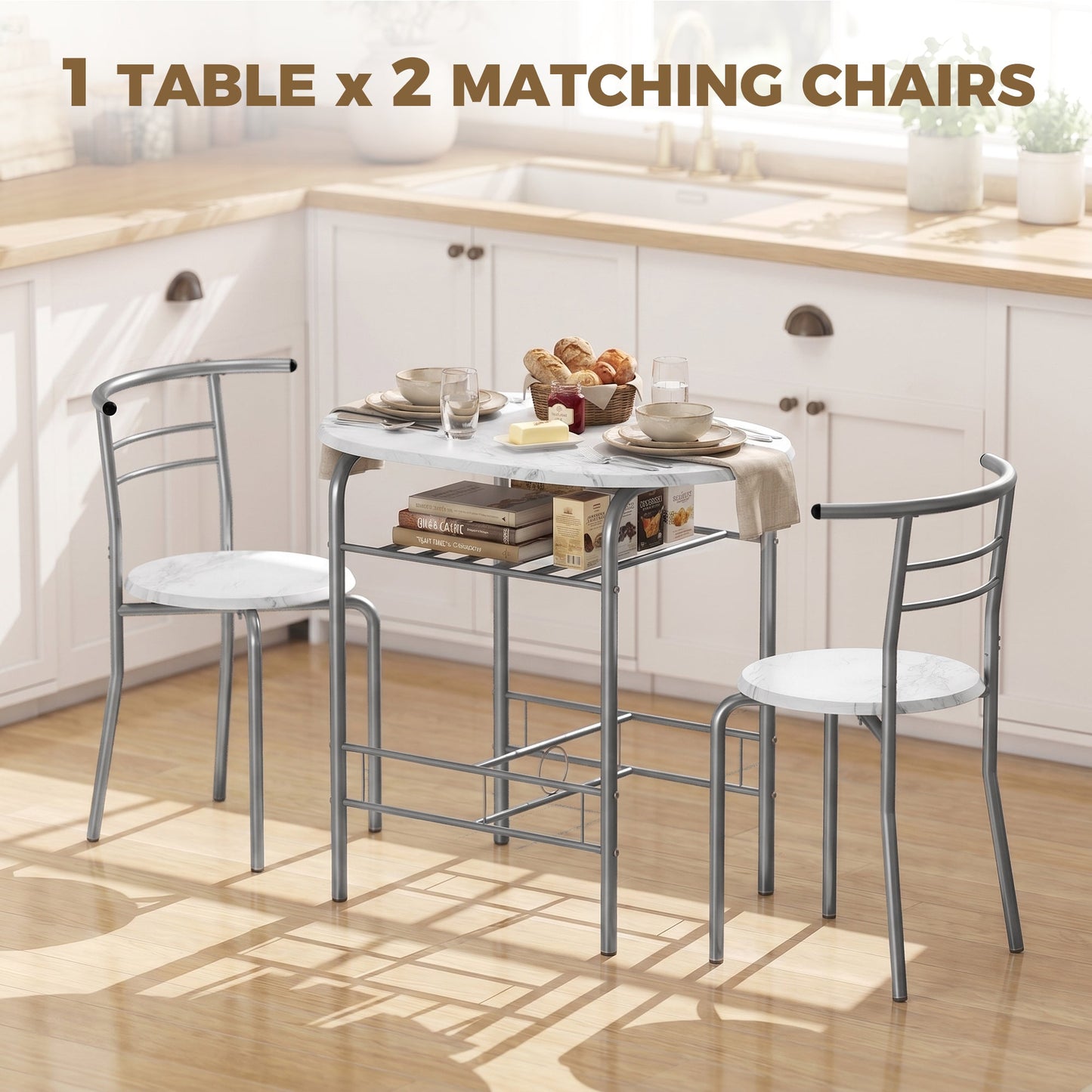 HOMCOM Three-Piece Compact Dining Set - White Marble Effect