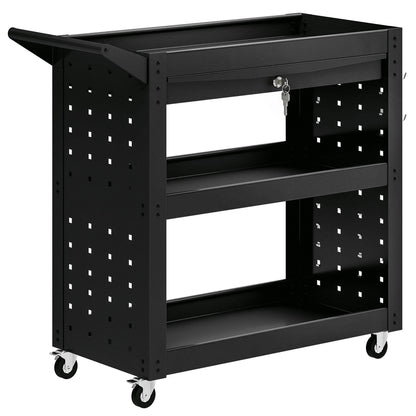 HOMCOM Tool Cart with Lockable Wheels, Rolling Workshop Cart with 3-Tier Trays, Drawer, Pegboards, Black