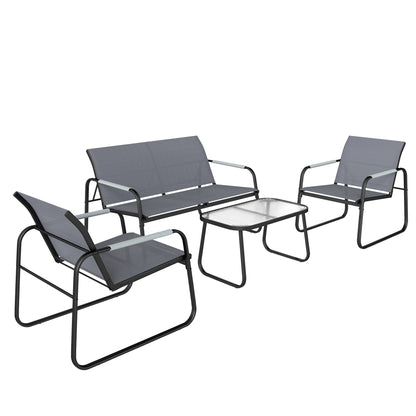 Outsunny 4 Piece Garden Furniture Set, Garden Sofa Set with Loveseat, 2 Armchairs, Tempered Glass Table for Balcony, Grey