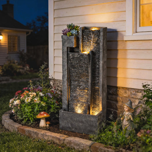 Outsunny Water Feature with LED Lights and Planter in Dark Grey