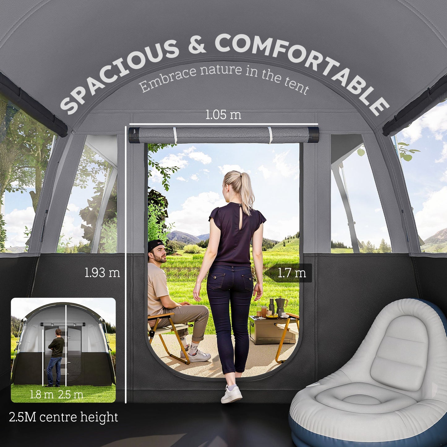 Outsunny 4 Person Camping Tent, Waterproof Family Tent, Tunnel Design, 4 Large Windows, Sleeping Cabins 3000mm Water Column Grey