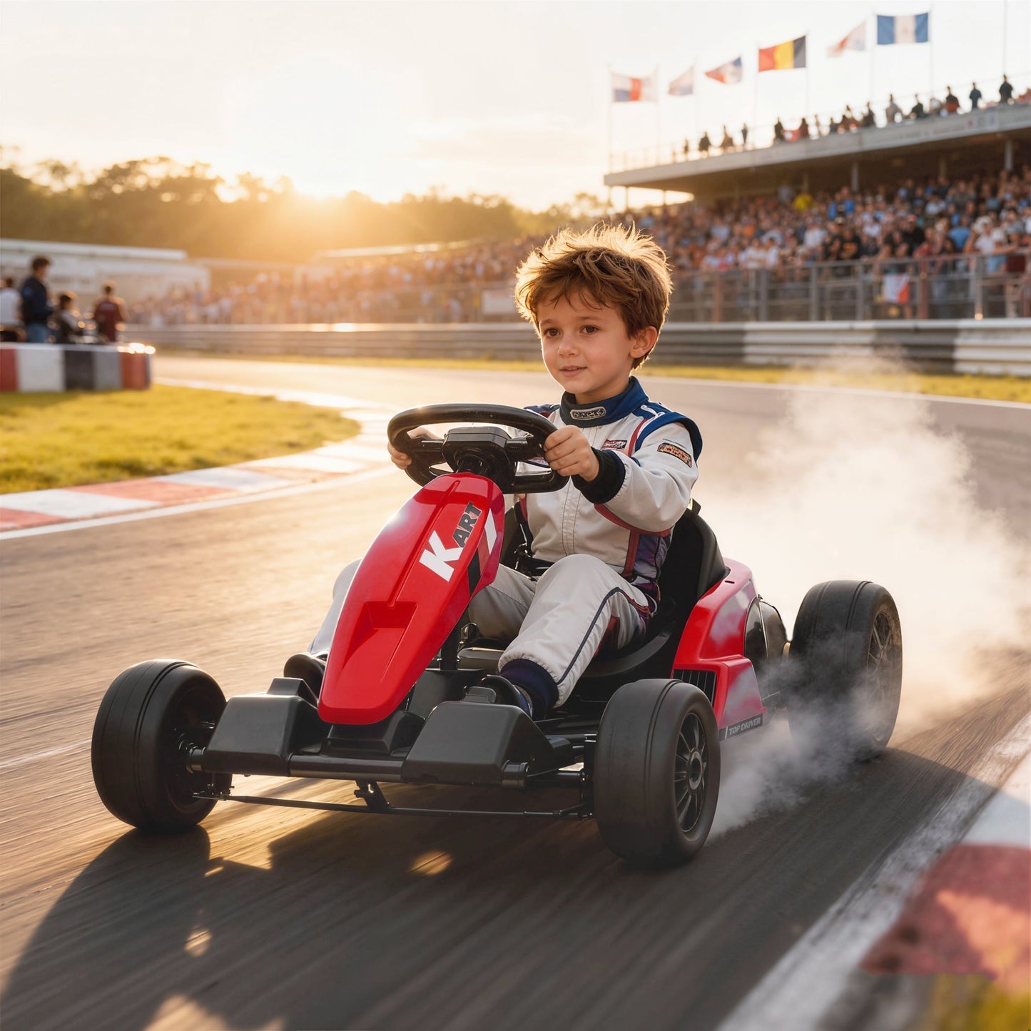 AIYAPLAY 24V Electric Go Kart, Drift Kart with Adjustable Seat, Slow Start, 5-Point Harness, Music, Horn, for 6-12 Years, Red