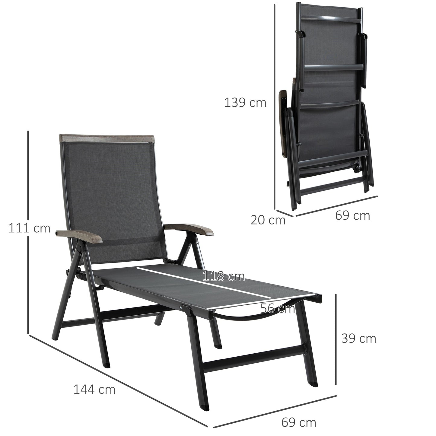 Outsunny Set of 2 Outdoor Folding Sun Loungers, 5-Position Adjustable Chaise Lounge Chairs with Aluminium Frame for Patio, Garden, Grey
