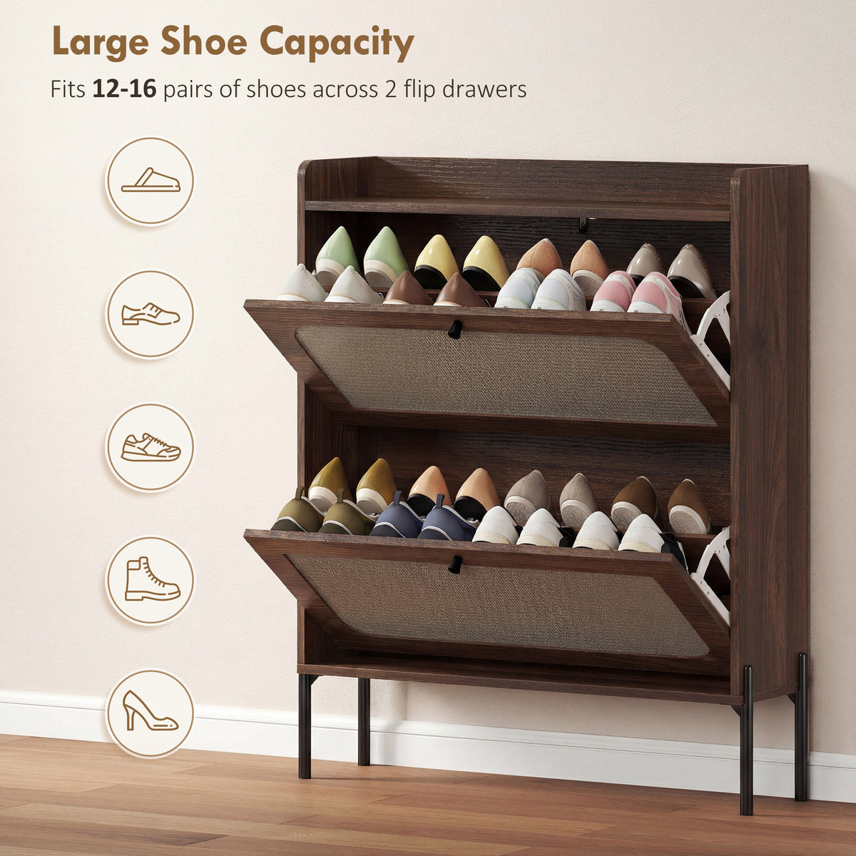 HOMCOM Shoe Cabinet with 2 Flip Drawers in Dark Brown