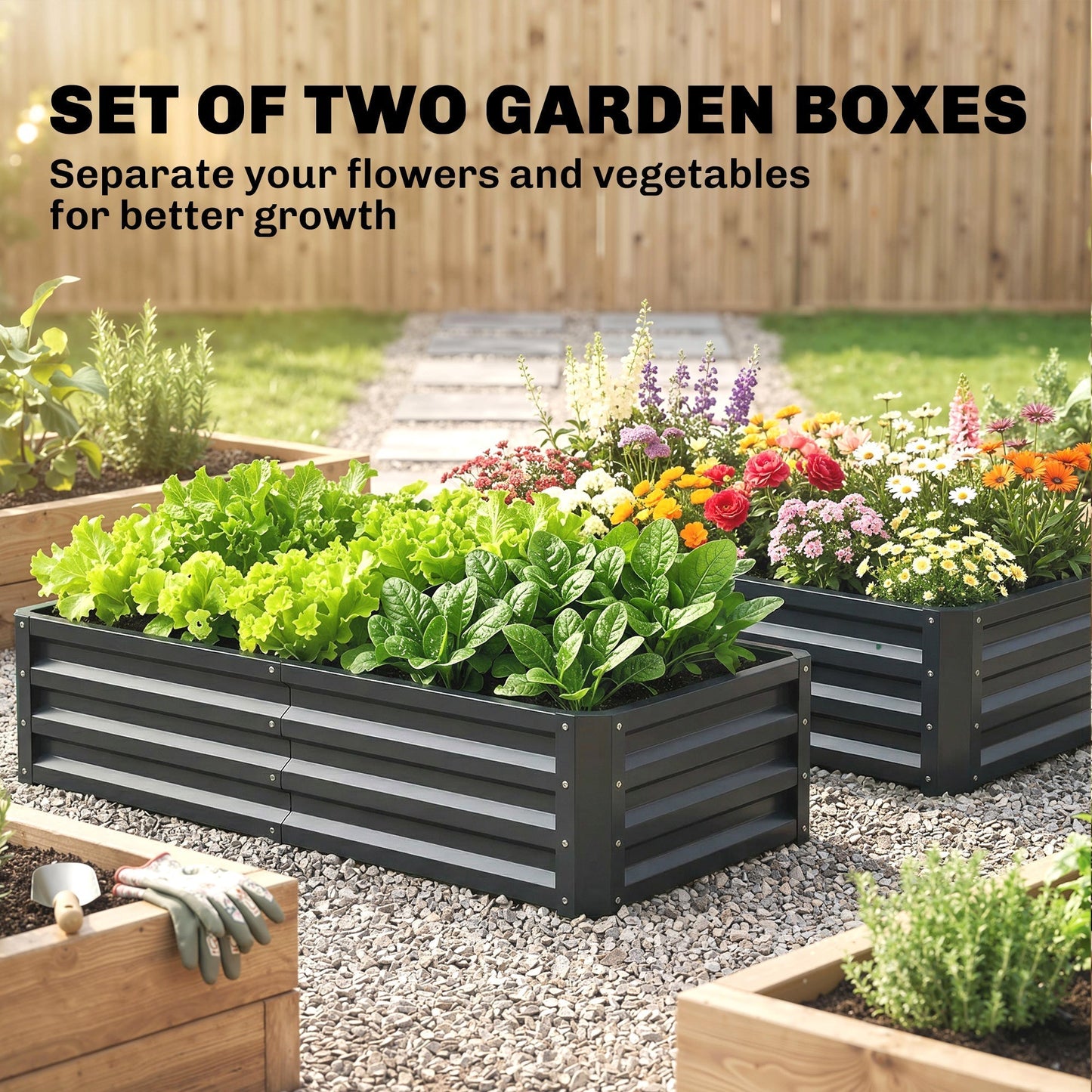 Outsunny Set of 2 Raised Beds for Garden, Galvanised Outdoor Planters for Herbs Vegetables, Use for Patio Balcony, Grey