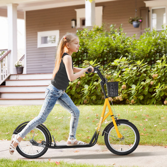 HOMCOM Kids Scooter, Kick Stunt Scooter with Adjustable Handlebar, Dual Brakes, Basket, Cupholder, Mudguard, 16" Inflatable Rubber Wheels, for 5-12 years, Orange