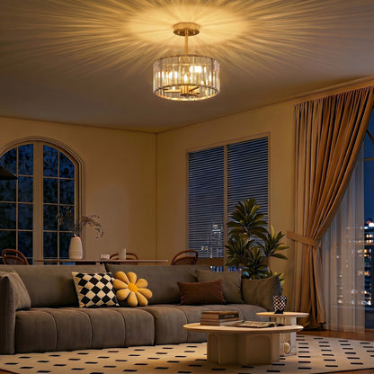 HOMCOM Semi Flush Mount Modern Crystal Chandelier Ceiling Light, Crystal Ceiling Light Fixture with E14 Base, Gold