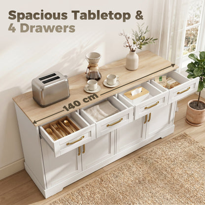 HOMCOM Sideboard Buffet Cabinet, 140 cm Kitchen Storage Cabinet with 4 Drawers, 4 Doors and 2 Adjustable Shelves, White