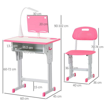 HOMCOM Kids Desk and Chair Set Adjustable Height Study Table Set with Drawer, Book Stand, Pen Slot - Pink