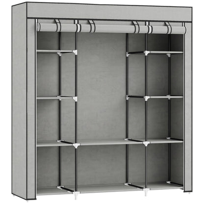 HOMCOM Clothes Storage Organiser with Hanging Rail, Shelves, Portable Wardrobe, Foldable Fabric Wardrobe, Light Grey