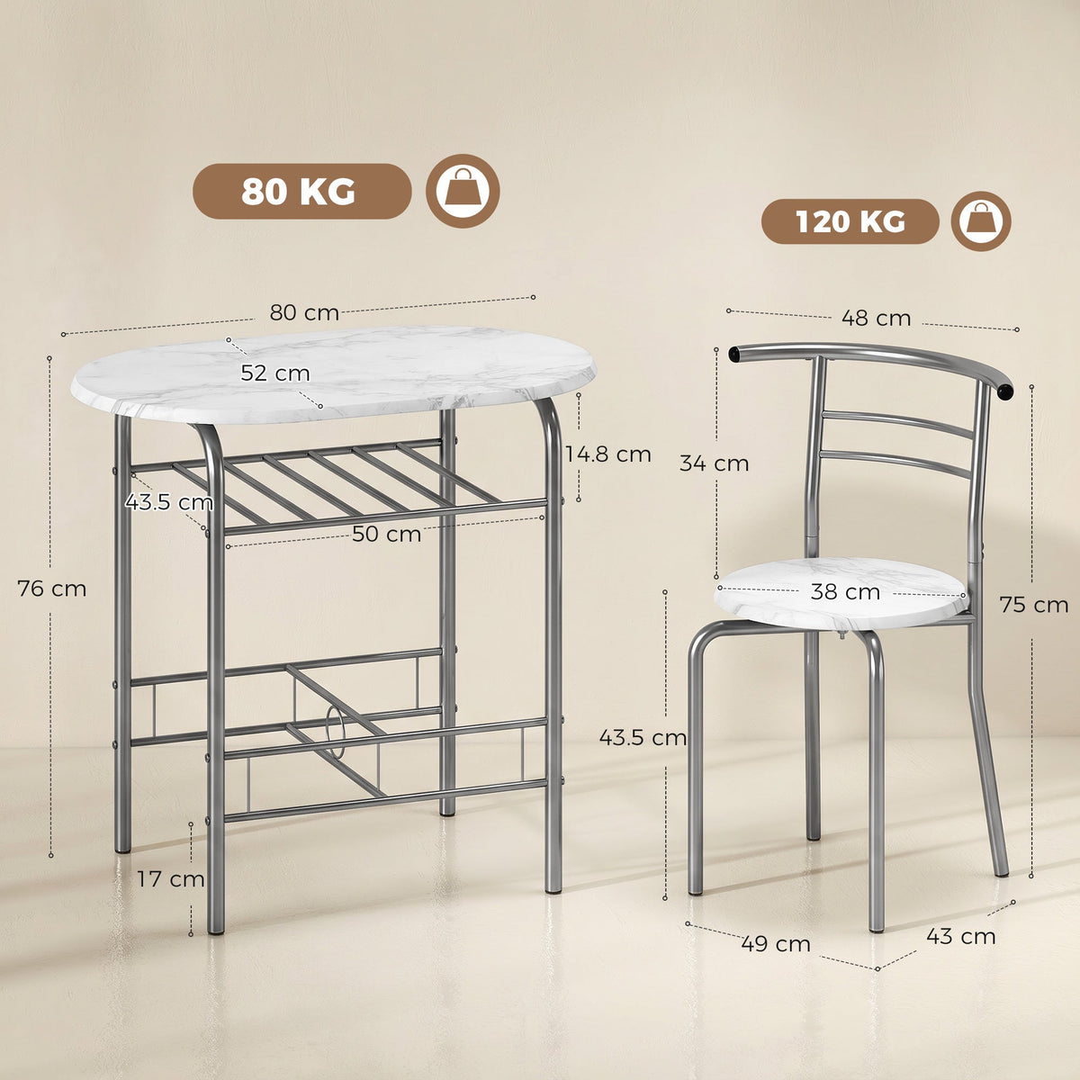 HOMCOM Three-Piece Compact Dining Set - White Marble Effect