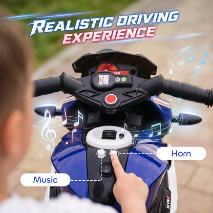 HOMCOM Kids Electric Motorcycle, 6V Ride on Motorcycle with 3 Wheels, LED Headlight, Music, Horn for Boys Girls 3-5 Years, Blue