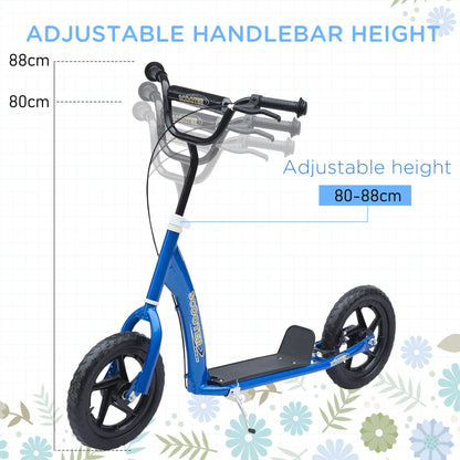 HOMCOM Kids Scooter Kick Scooter, with 12" EVA Tyres, Rear Brake, Big Wheels Scooter for 5-12 Years, Blue