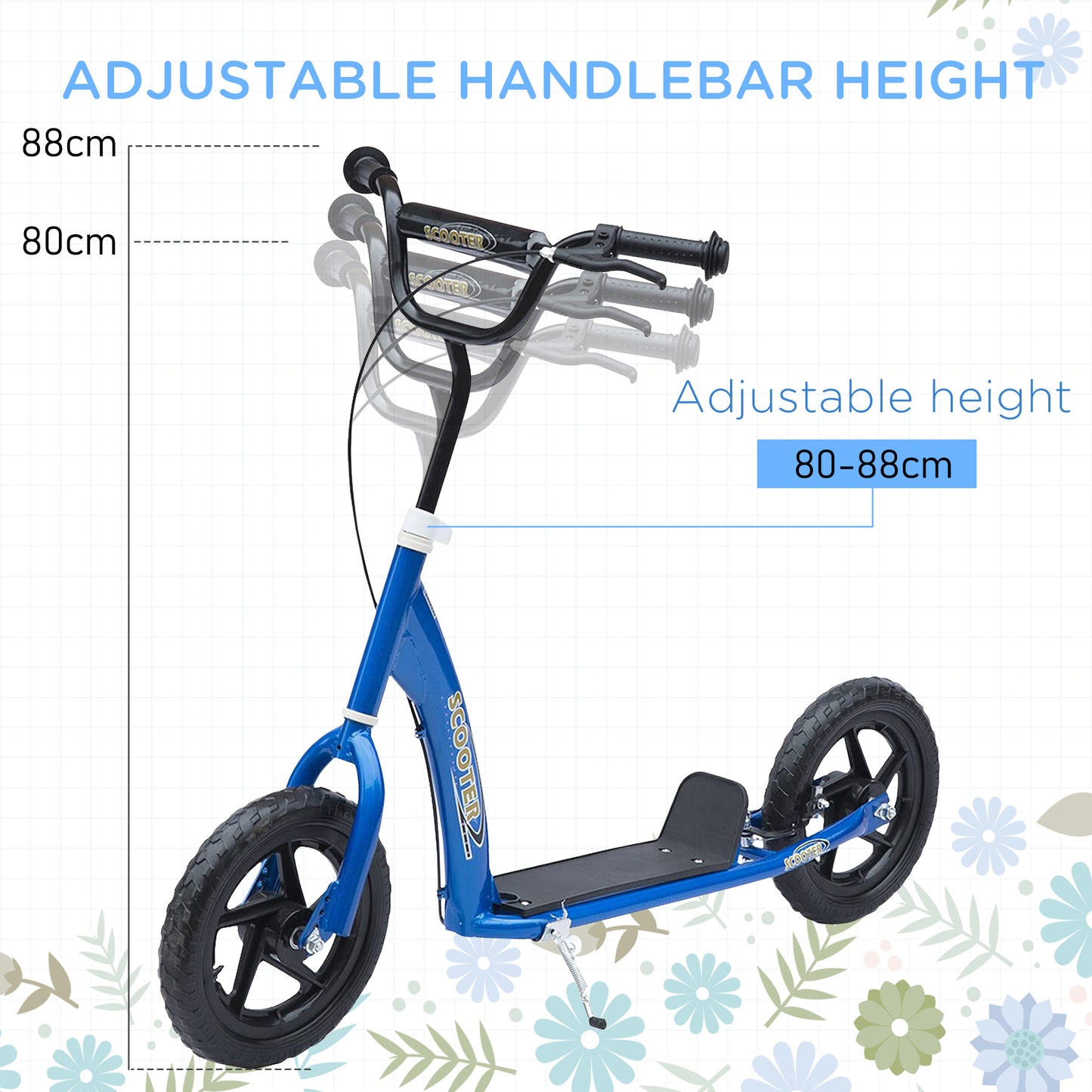 HOMCOM Kids Scooter Kick Scooter, with 12" EVA Tyres, Rear Brake, Big Wheels Scooter for 5-12 Years , Blue