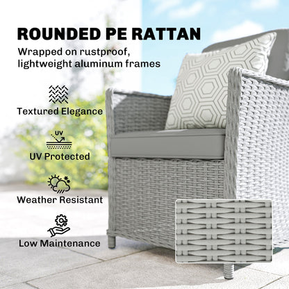 طقم أثاث طعام للحديقة من الأوتسانتي من الراتان مع ترابيزة دوارة (Lazy Susan)، طاولة طعام دائرية للحديقة من الزجاج بتأثير الرخام وكراسي بإطار من الألومنيوم، رمادي