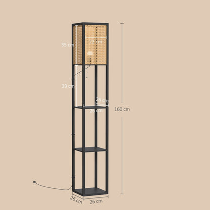 HOMCOM Floor Lamp with Shelves, Rattan Shade and Pull-Chain Switch, 3-Tier Storage Shelves for Bedroom Living Room, Black