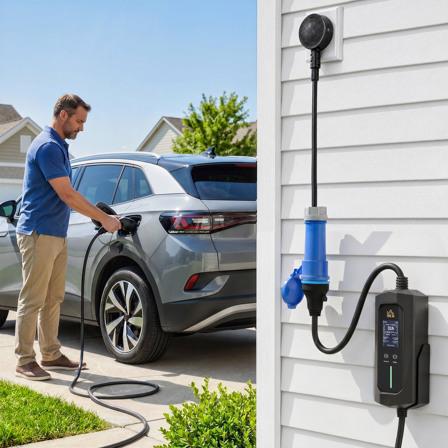 HOMCOM EV Charger 7kW Type 2 to CEE 32A Plug with UK Adapter, 10 m, 6-32A, Electric Car Charger w/ 1-12 h Time Delay