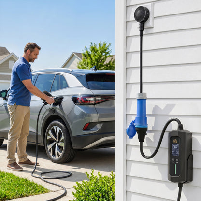 HOMCOM EV Charger 7kW Type 2 to CEE 32A Plug with UK Adapter, 10 m, 6-32A, Electric Car Charger w/ 1-12 h Time Delay