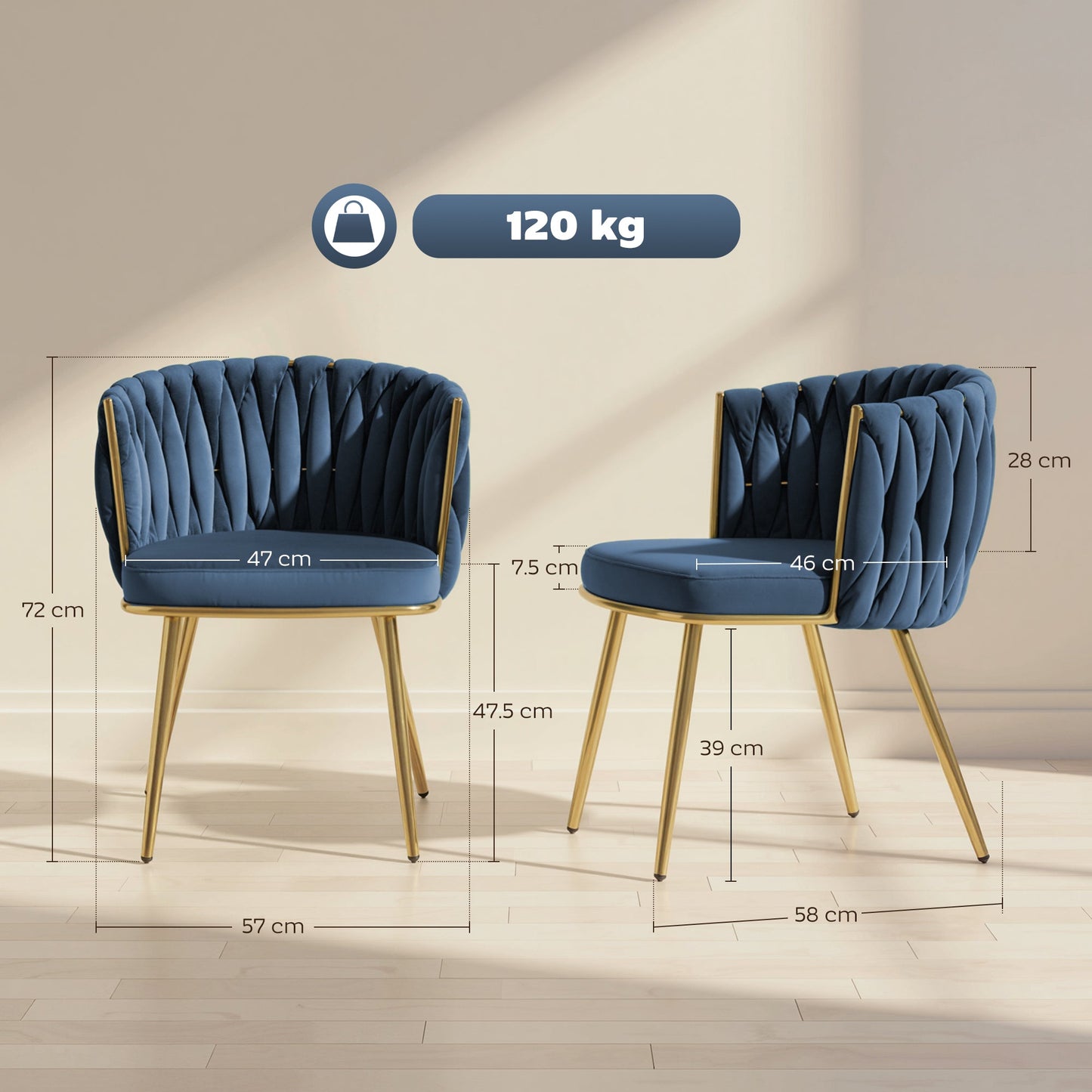 HOMCOM Velvet-Feel Dining Chairs Set of 2, Modern Upholstered Armchair with Knot Design and Golden Metal Legs, Accent Chair for Dining Room, Bedroom, Kitchen, Living Room, Dark Blue