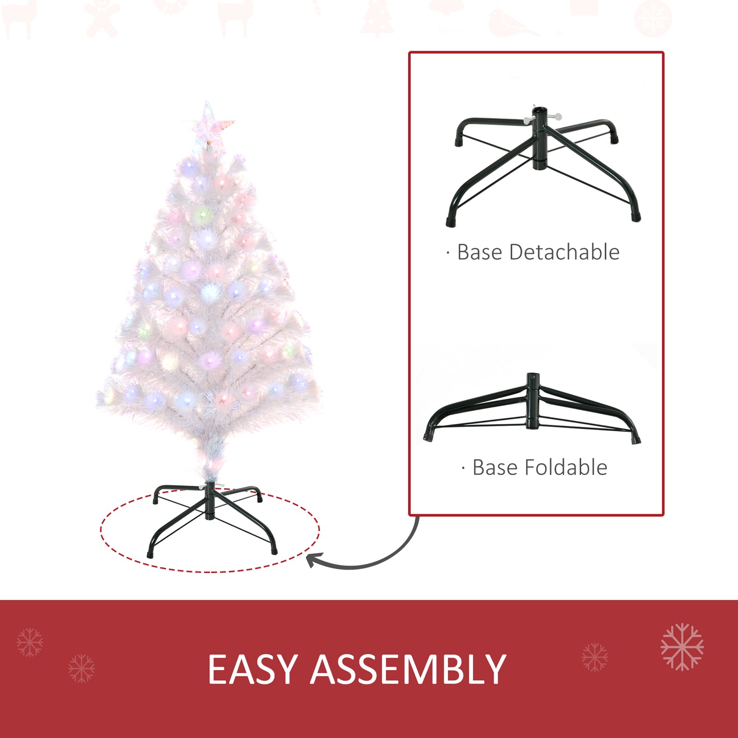 HOMCOM 3FT Pre-Lit Artificial Christmas Tree w/ Fibre Optic LED Lights Holiday Home Xmas Decoration-White