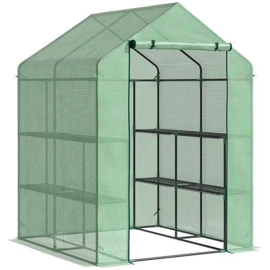 بيت زجاجي Outsunny Walk in Greenhouse مع أرفف، بيت زجاجي مستدق للحديقة، بيت زراعة، غطاء قابل للإزالة 143x138x190 سم، أخضر
