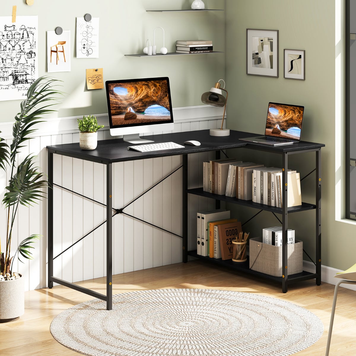 L-shaped Computer Desk Reversible Corner Desk with Adjustable Shelf-Black