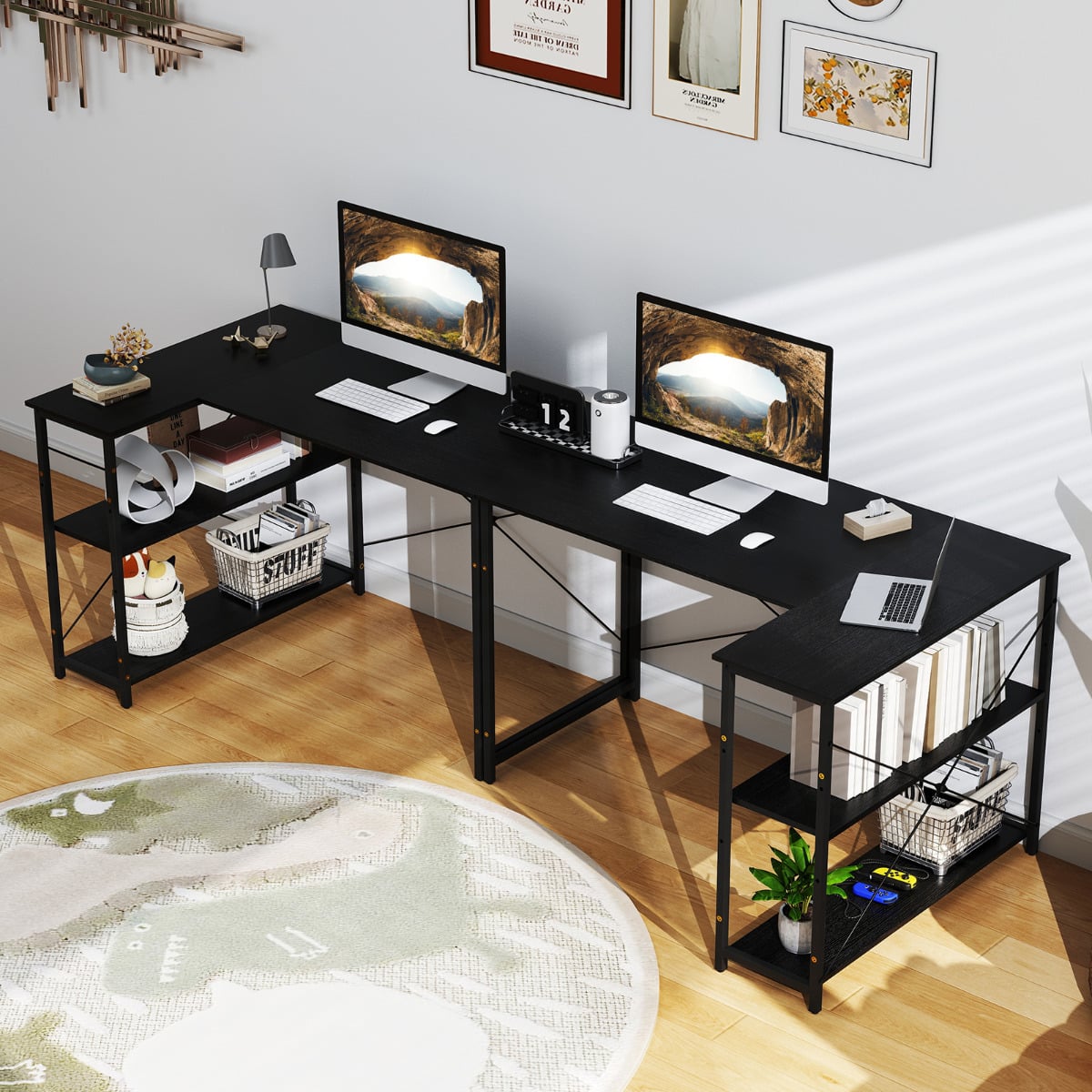 L-shaped Computer Desk Reversible Corner Desk with Adjustable Shelf-Black