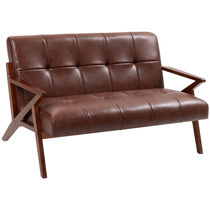 كنبة مقعدين صغيرة من هوم كوم، كنبة Love seat عتيقة منجدة بأزرار مع أرجل من الخشب الصلب، كنبة جلد صناعي صغيرة لغرفة المعيشة وغرفة النوم والمكتب المنزلي، 133 × 81 × 78.5 سم، بني