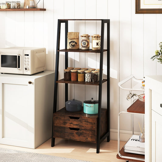 The tall freestanding display rack with storage filled with jars and a pot in a kitchen setting