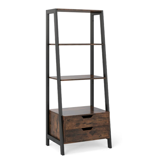 Ladder Bookshelf Tall Freestanding Display Rack with Storage in rustic brown with black metal frame