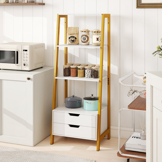 The display rack placed in a kitchen setting filled with jars and kitchenware on the shelves