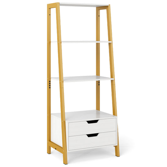 Ladder Bookshelf Tall Freestanding Display Rack with Storage-White on a plain white background