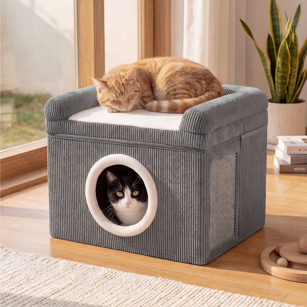 The cat furniture with a cat sleeping on the top platform and another inside the condo