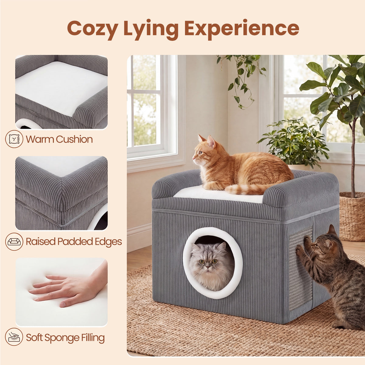 Close up of the large cat cave showing the warm cushion, padded edges and soft sponge filling