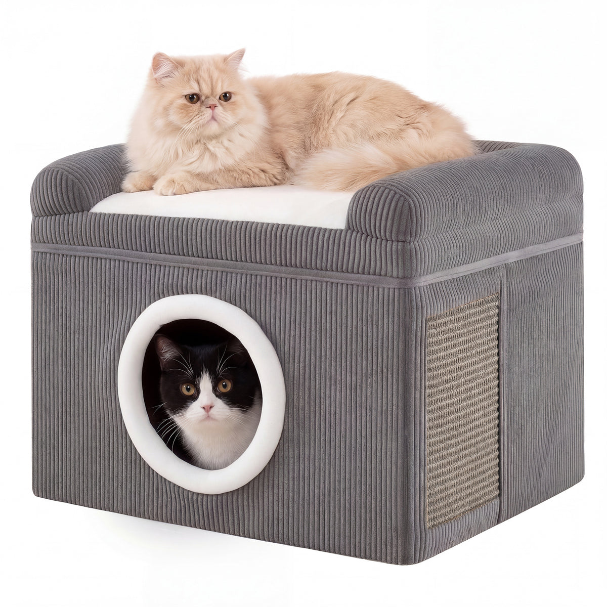 The large cat cave with a cat on top and another peeking out of the entrance hole