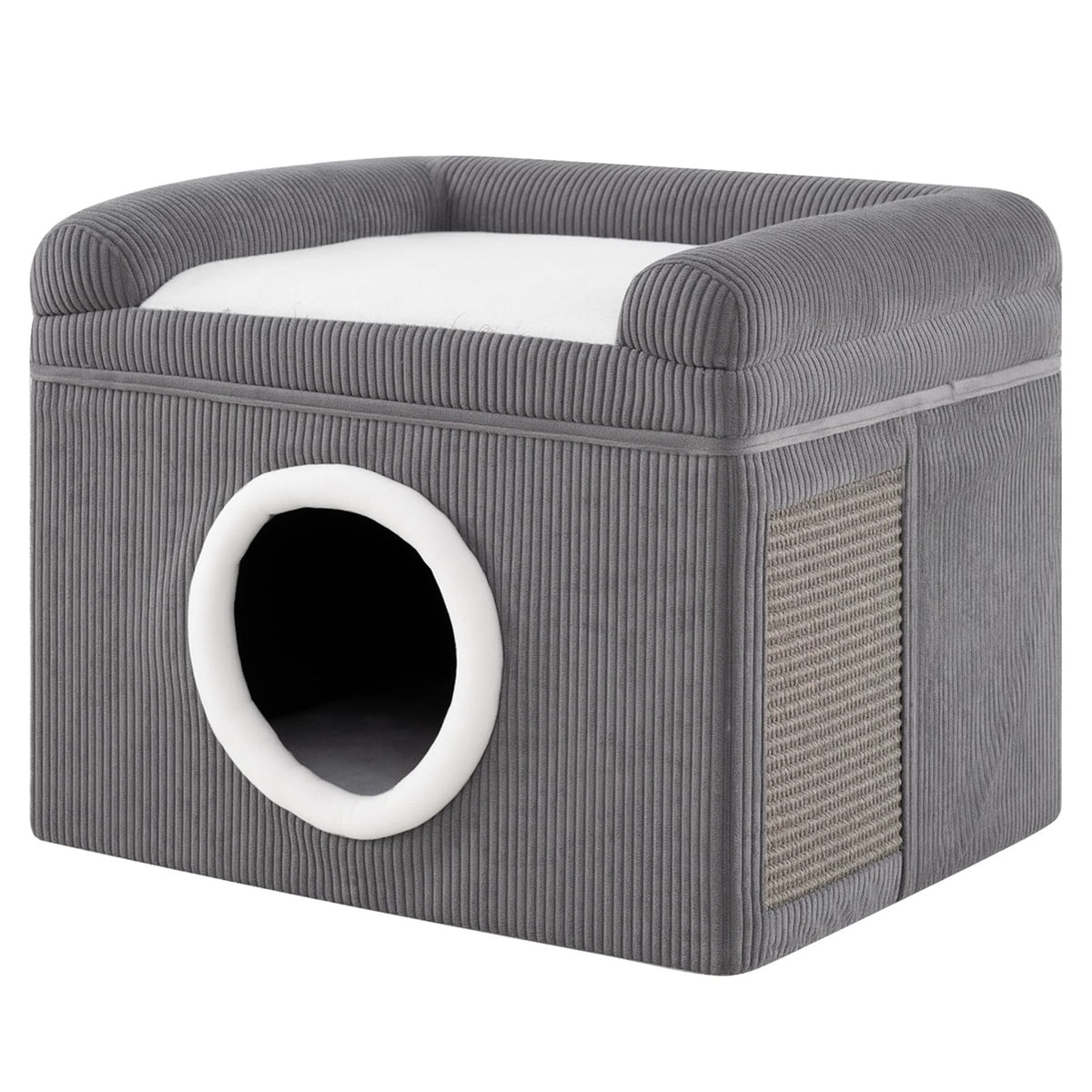 Large Cat Cave in grey with a white top cushion and a side scratching mat