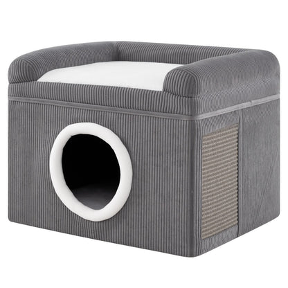 Large Cat Cave in grey with a white top cushion and a side scratching mat
