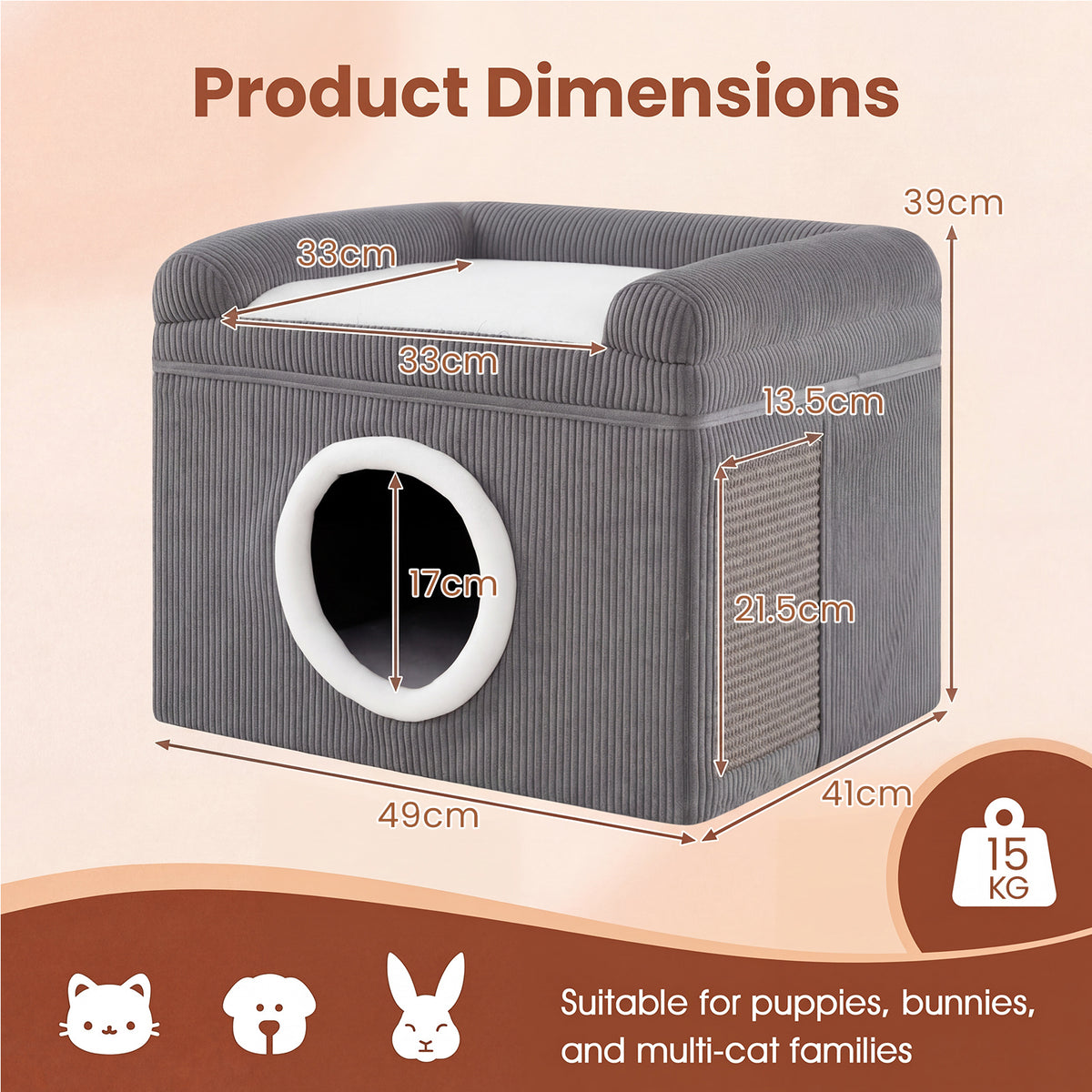 Product dimensions diagram for the large cat cave showing height, width and depth