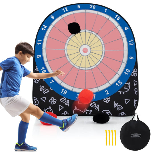 Large Dart Board for Kids Foldable and Portable Dartboard with 4 Kick Balls-Black, a boy kicking a red ball at the target