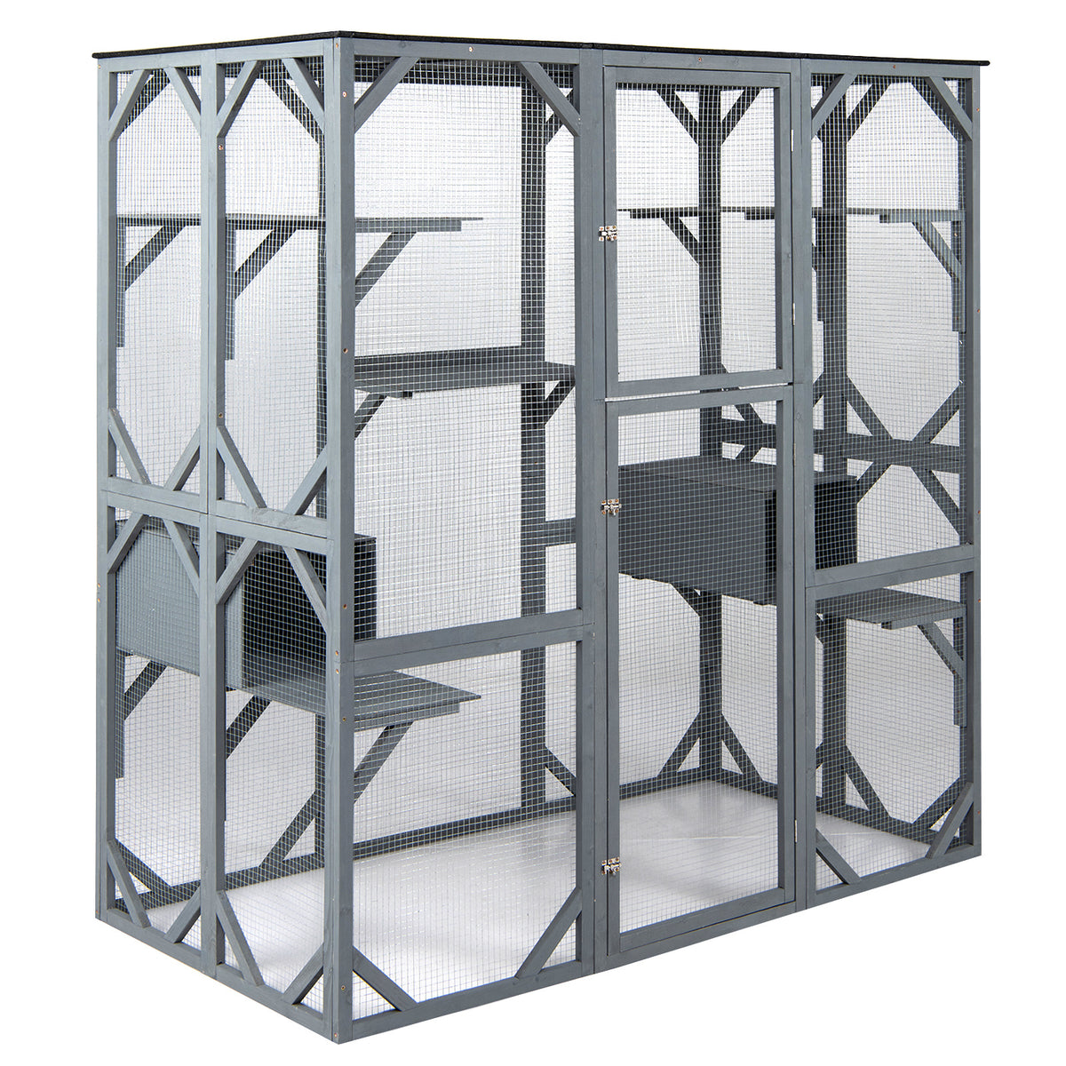 A grey wooden outdoor cat enclosure with mesh panels and internal shelves