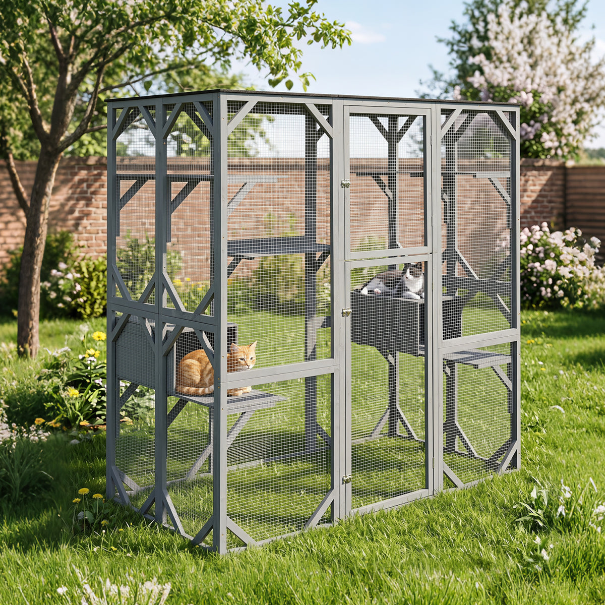 The outdoor cat enclosure is set up in a sunny garden with two cats inside