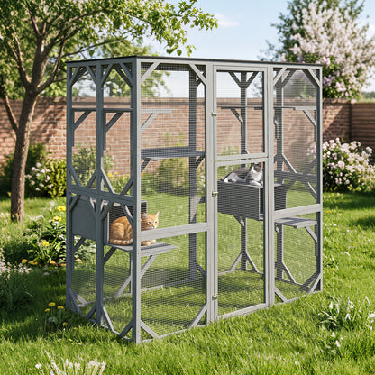 The outdoor cat enclosure is set up in a sunny garden with two cats inside
